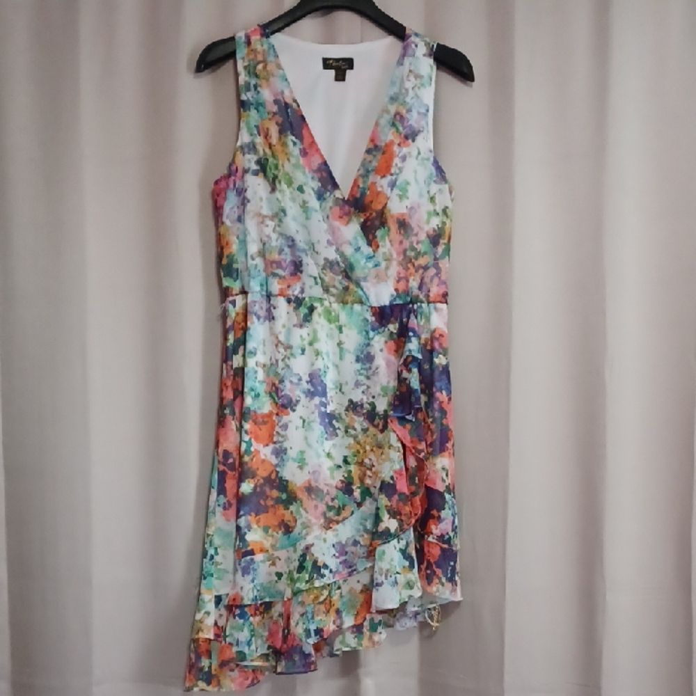 Thalia Sodi Sleeveless Floral Dress Faux Wrap V-Neck Tiered Ruffle Hemline Sz M